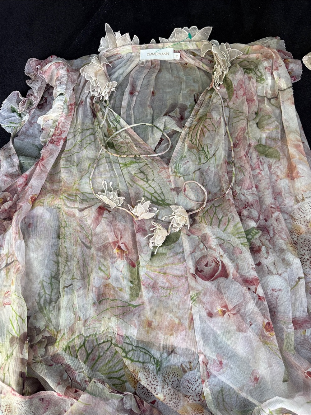 Zimmermann Floral Chiffon Blouse in Pastel Pink and Sage Green